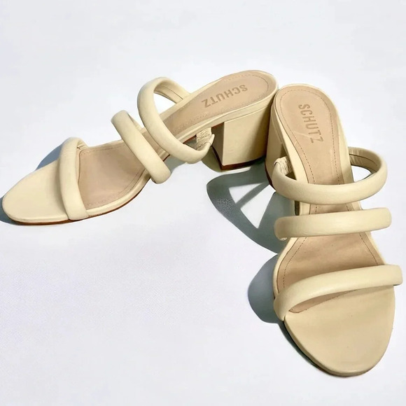 SCHUTZ Olly Mid Block Heel Sandal Nappa Leather 3 Strap In Eggshell Size 10 - Picture 1 of 11